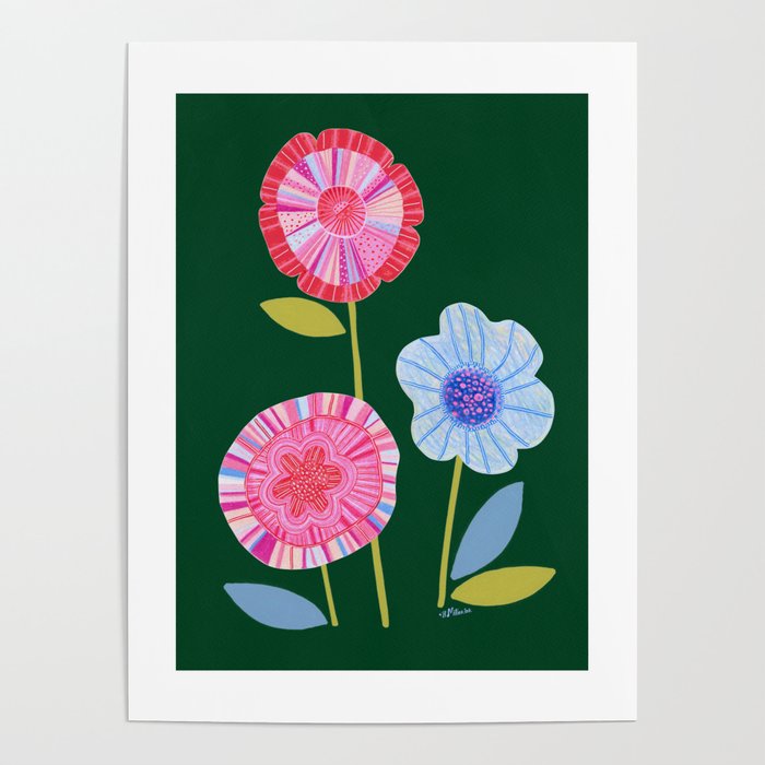 Folky Flowers in Bloom in Green & Pink Poster Gallery Image 1