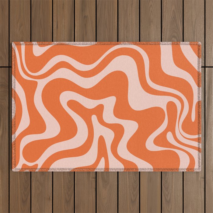 Retro Liquid Swirl Abstract Pattern in Orange and Pale Blush Pink Outdoor Rug Gallery Image 1
