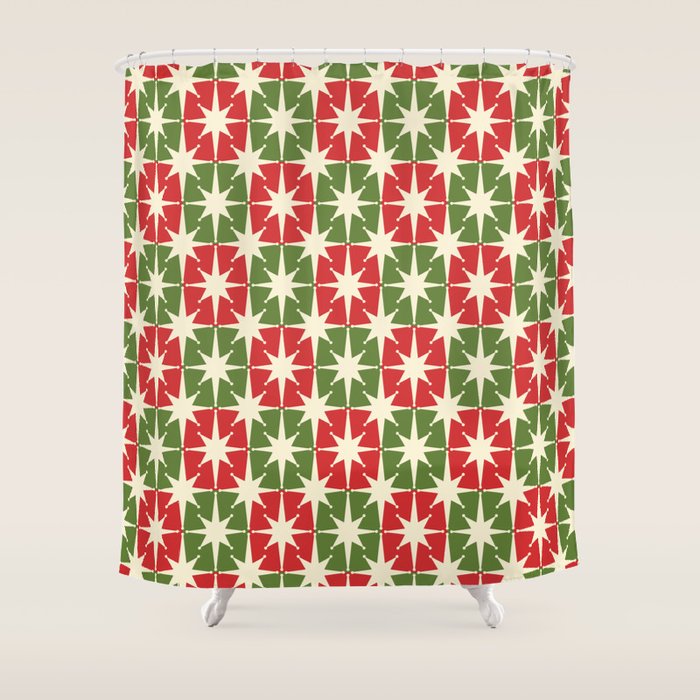Mid Century Modern Atomic Stars Checkered Christmas Retro Starburst Pattern Shower Curtain Gallery Image 1