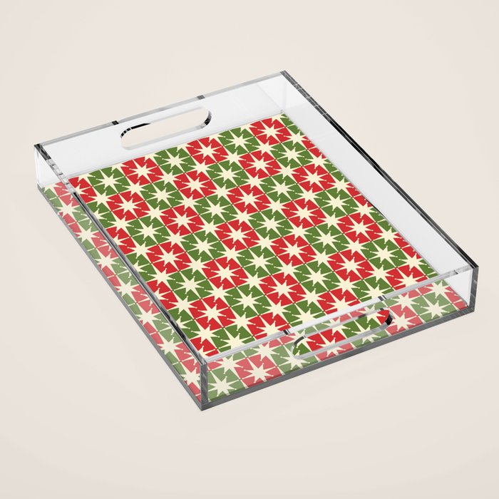 Mid Century Modern Atomic Stars Checkered Christmas Retro Starburst Pattern Acrylic Tray Gallery Image 1