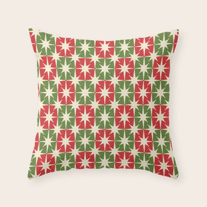 Mid Century Modern Atomic Stars Checkered Christmas Retro Starburst Pattern Throw Pillow Gallery Image 1