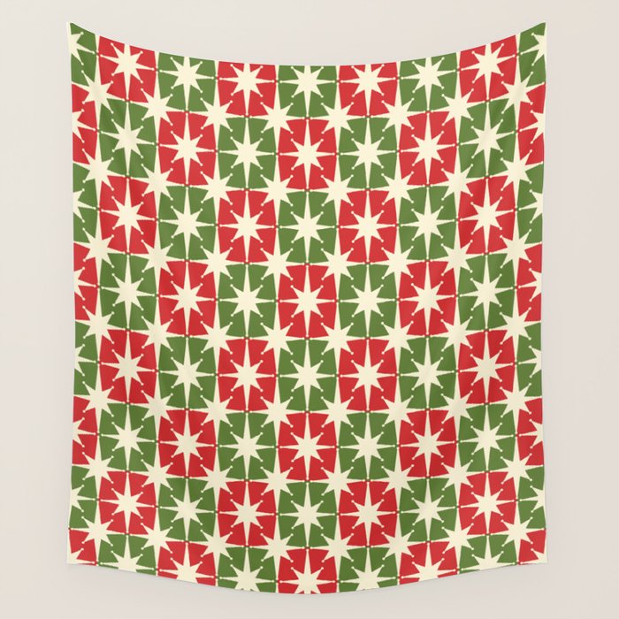 Mid Century Modern Atomic Stars Checkered Christmas Retro Starburst Pattern Wall Tapestry Gallery Image 1