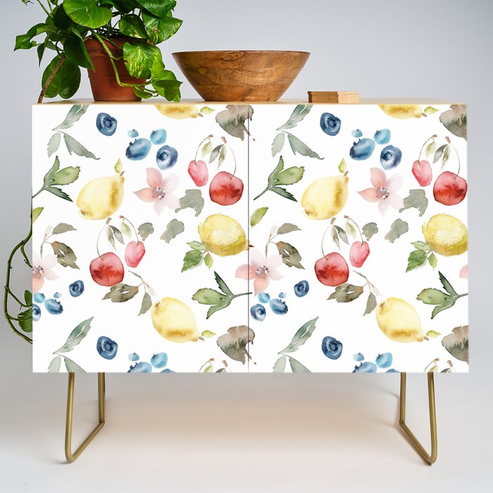 Lemon Berries and Cherries Watercolor Pattern Credenza Gallery Image 1