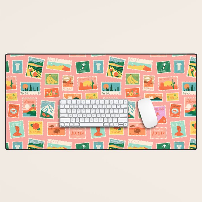 Vintage international world travel post card stamp pattern Desk Mat Gallery Image 1