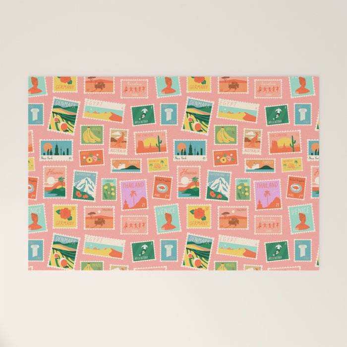 Vintage international world travel post card stamp pattern Welcome Mat Gallery Image 1