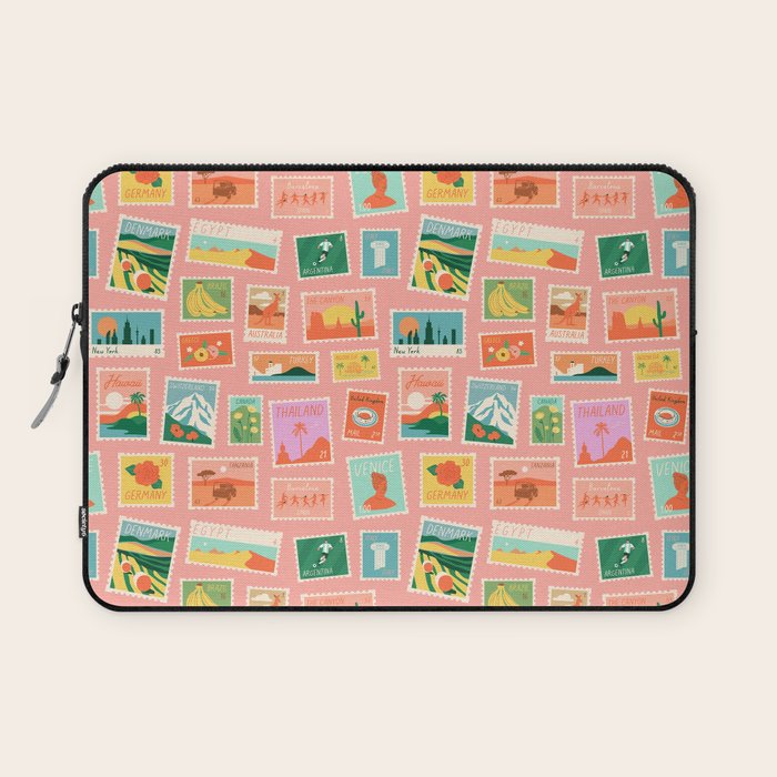 Vintage international world travel post card stamp pattern Laptop Sleeve Gallery Image 1