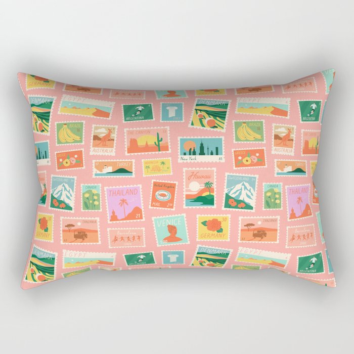 Vintage international world travel post card stamp pattern Rectangular Pillow Gallery Image 2