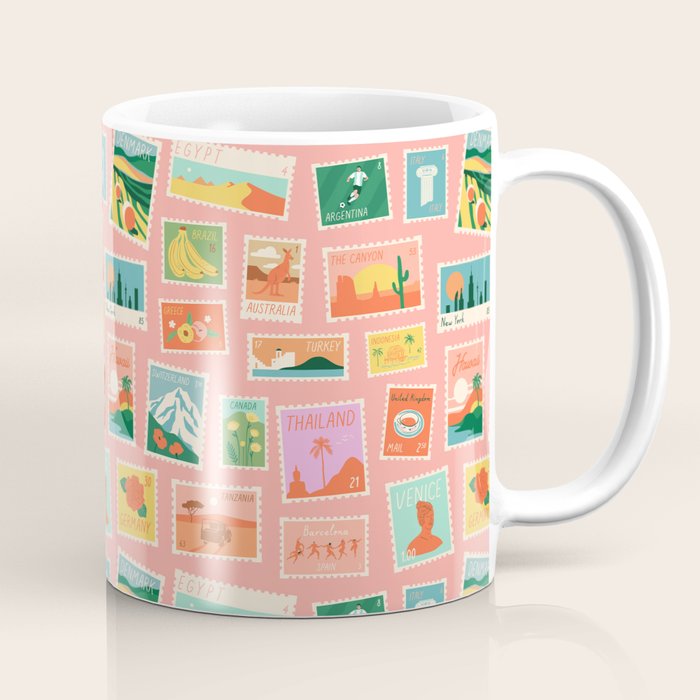 Vintage international world travel post card stamp pattern Coffee Mug Gallery Image 1