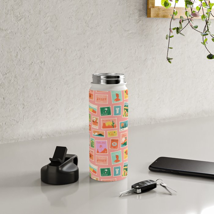Vintage international world travel post card stamp pattern Water Bottle Gallery Image 4