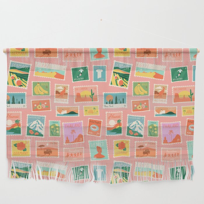 Vintage international world travel post card stamp pattern Wall Hanging Gallery Image 1