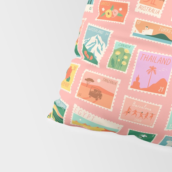 Vintage international world travel post card stamp pattern Pillow Sham Gallery Image 4