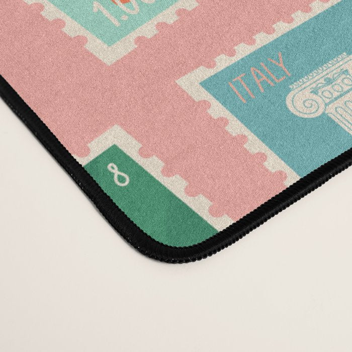 Vintage international world travel post card stamp pattern Desk Mat Gallery Image 4