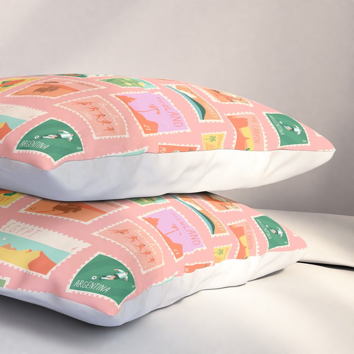 Vintage international world travel post card stamp pattern Pillow Sham Gallery Image 3