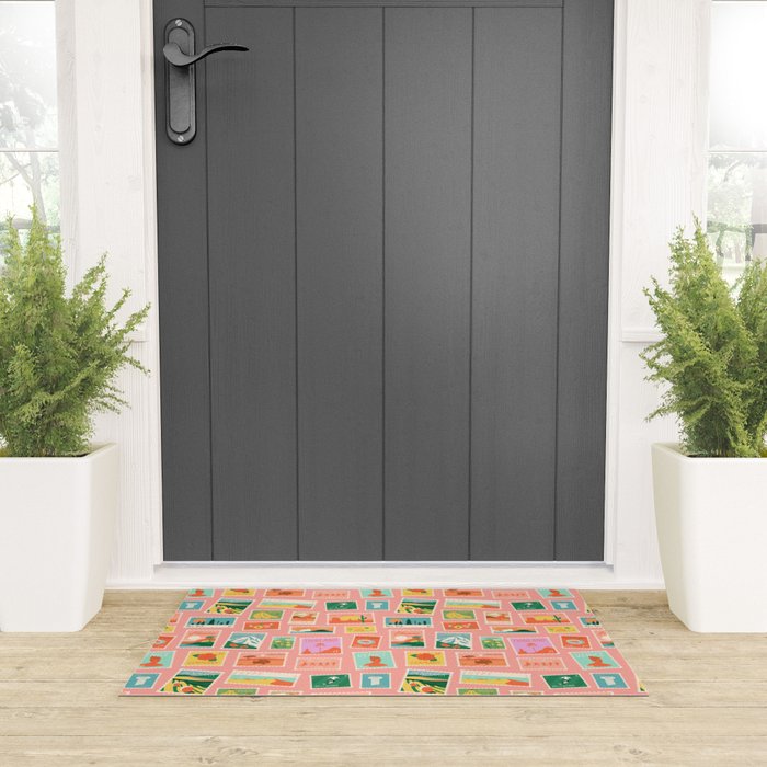 Vintage international world travel post card stamp pattern Welcome Mat Gallery Image 3