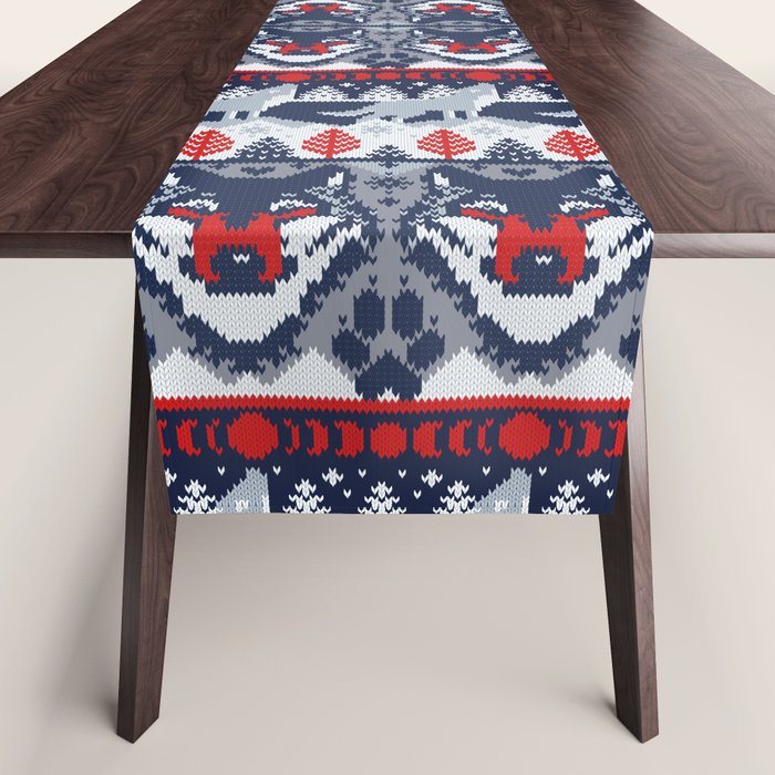 Fair isle knitting grey wolf // navy blue and grey wolves red moons and pine trees Table Runner Gallery Image 1