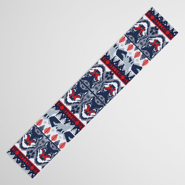 Fair isle knitting grey wolf // navy blue and grey wolves red moons and pine trees Table Runner Gallery Image 3