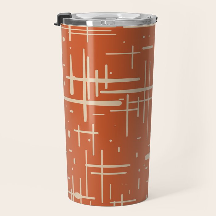 Mid-Century Modern Kinetikos Pattern in Mid Mod Burnt Orange and Beige Travel Mug Gallery Image 3