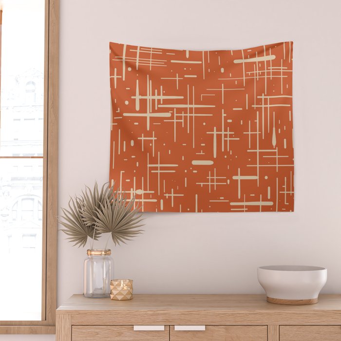 Mid-Century Modern Kinetikos Pattern in Mid Mod Burnt Orange and Beige Wall Tapestry Gallery Image 2