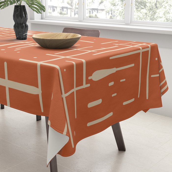 Mid-Century Modern Kinetikos Pattern in Mid Mod Burnt Orange and Beige Tablecloth Gallery Image 3