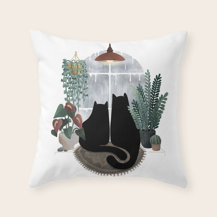 Rainy Day Cats (on white) Throw Pillow Gallery Image 1