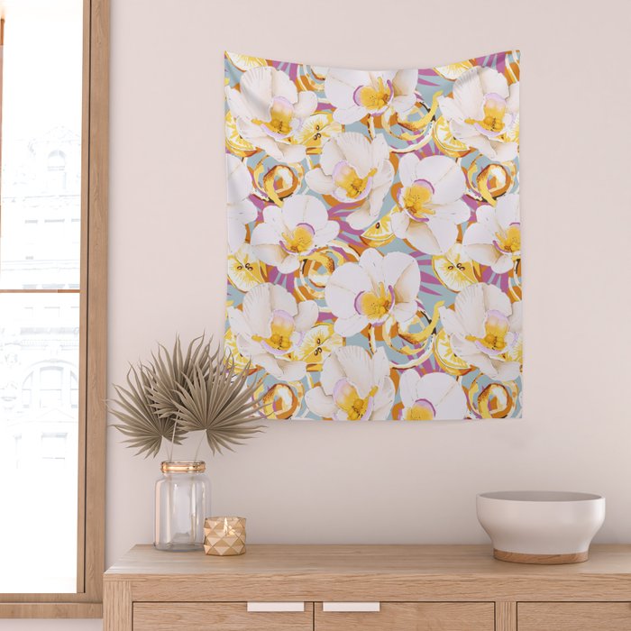 Lemons among the exotic flowers 4 Wall Tapestry Gallery Image 2