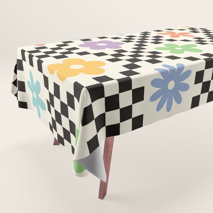 Retro Colorful Flower Double Checker Tablecloth Gallery Image 1