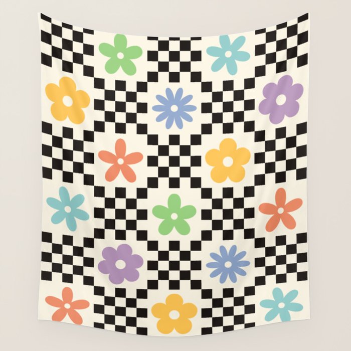Retro Colorful Flower Double Checker Wall Tapestry Gallery Image 4