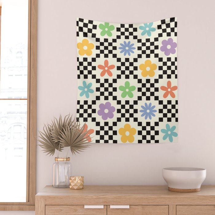 Retro Colorful Flower Double Checker Wall Tapestry Gallery Image 2