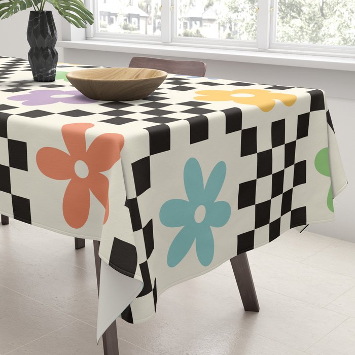 Retro Colorful Flower Double Checker Tablecloth Gallery Image 3