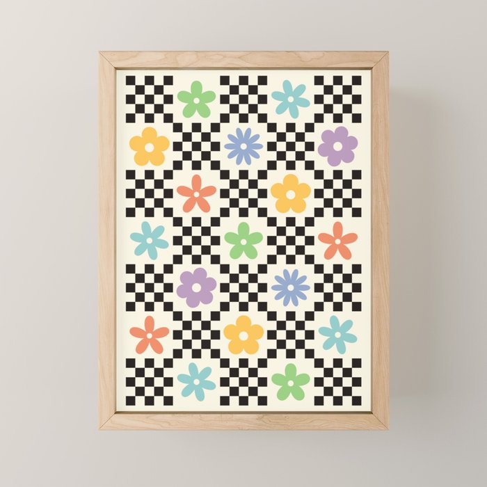 Retro Colorful Flower Double Checker Mini Art Print Gallery Image 1