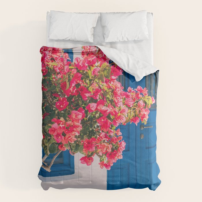 Blue Door in Santorini Greece - Pink Flowers by House - Fine Art Travel Photography Comforter Gallery Image 1