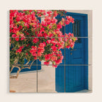 Blue Door in Santorini Greece - Pink Flowers by House - Fine Art Travel Photography Wood Wall Art Gallery Image 1