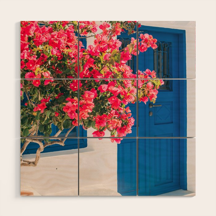 Blue Door in Santorini Greece - Pink Flowers by House - Fine Art Travel Photography Wood Wall Art Gallery Image 1