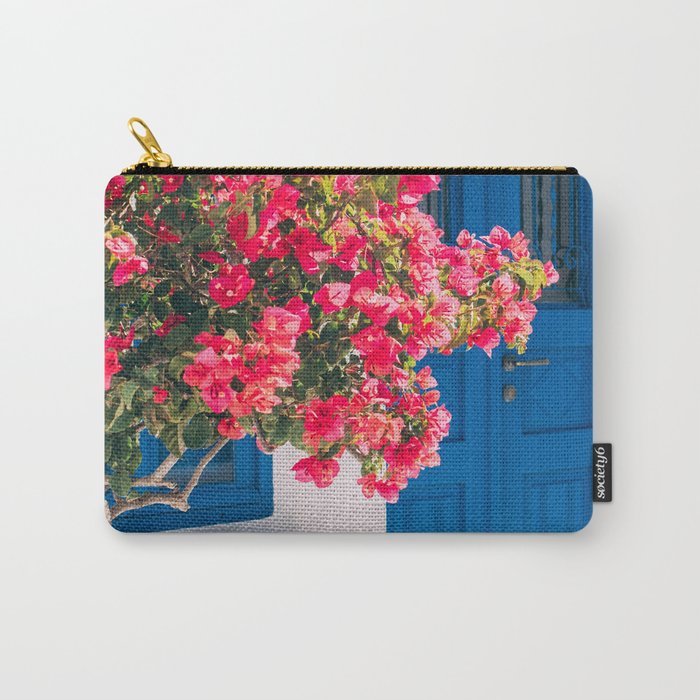 Blue Door in Santorini Greece - Pink Flowers by House - Fine Art Travel Photography Carry All Pouch Gallery Image 1