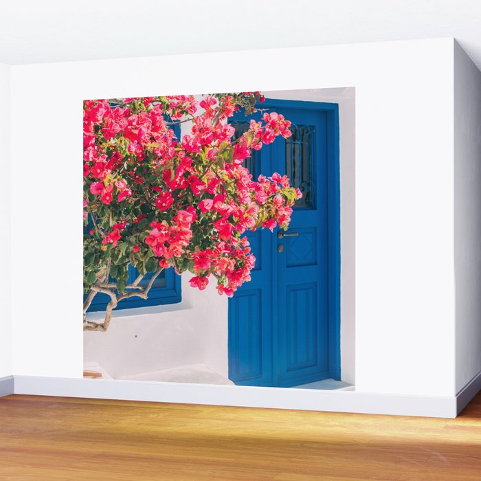 Blue Door in Santorini Greece - Pink Flowers by House - Fine Art Travel Photography Wall Mural Gallery Image 2
