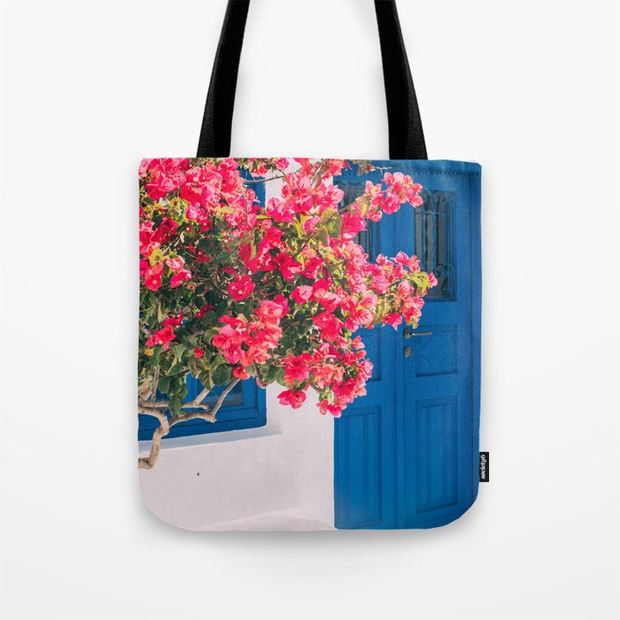 Blue Door in Santorini Greece - Pink Flowers by House - Fine Art Travel Photography Tote Bag Gallery Image 1