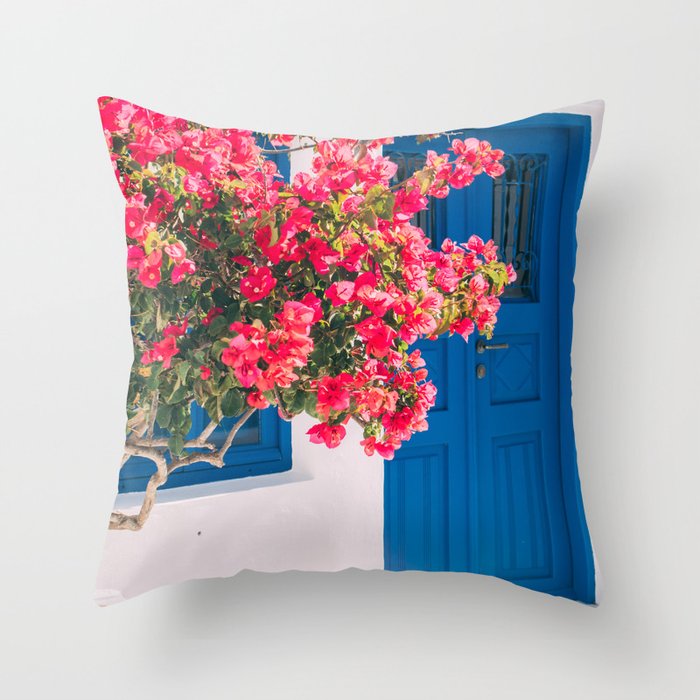 Blue Door in Santorini Greece - Pink Flowers by House - Fine Art Travel Photography Throw Pillow Gallery Image 1
