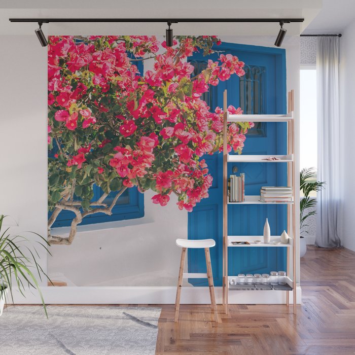 Blue Door in Santorini Greece - Pink Flowers by House - Fine Art Travel Photography Wall Mural Gallery Image 1