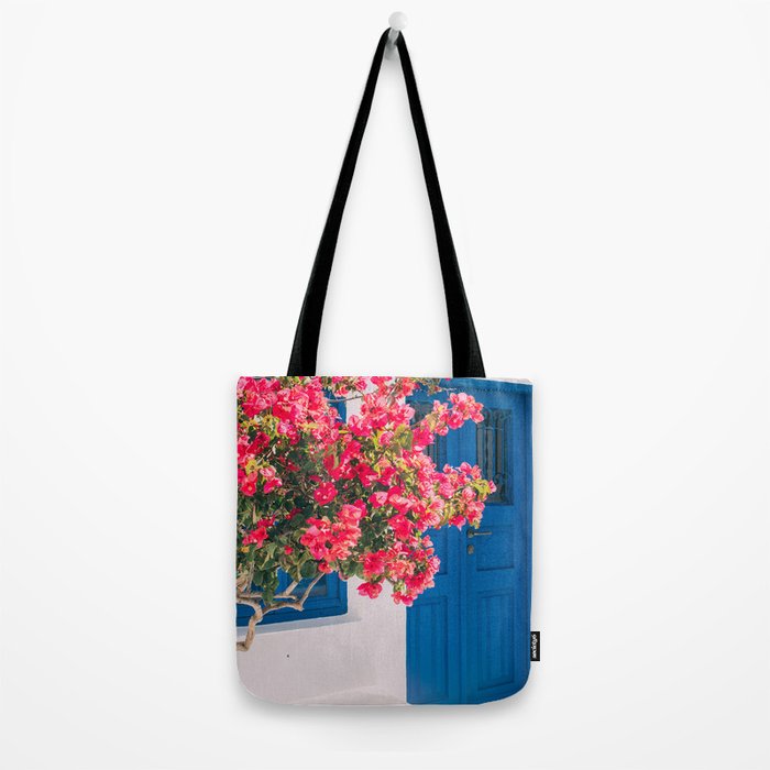 Blue Door in Santorini Greece - Pink Flowers by House - Fine Art Travel Photography Tote Bag Gallery Image 2