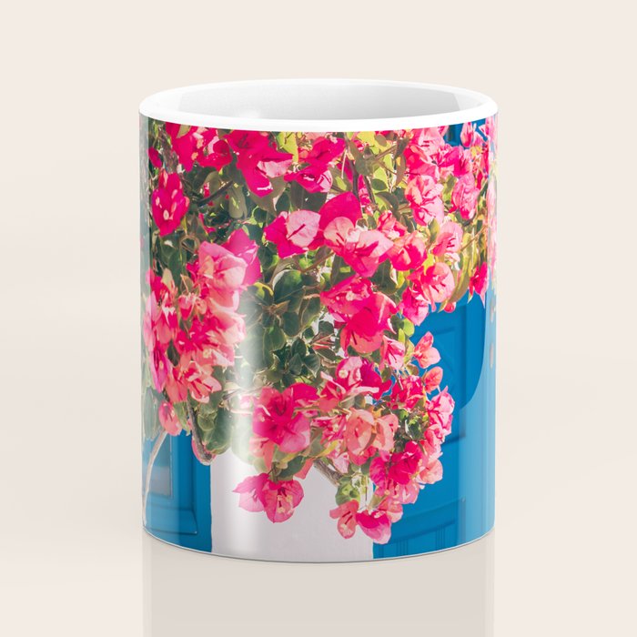 Blue Door in Santorini Greece - Pink Flowers by House - Fine Art Travel Photography Coffee Mug Gallery Image 4