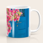 Blue Door in Santorini Greece - Pink Flowers by House - Fine Art Travel Photography Coffee Mug Gallery Image 1