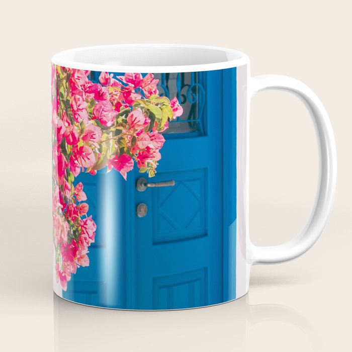 Blue Door in Santorini Greece - Pink Flowers by House - Fine Art Travel Photography Coffee Mug Gallery Image 1