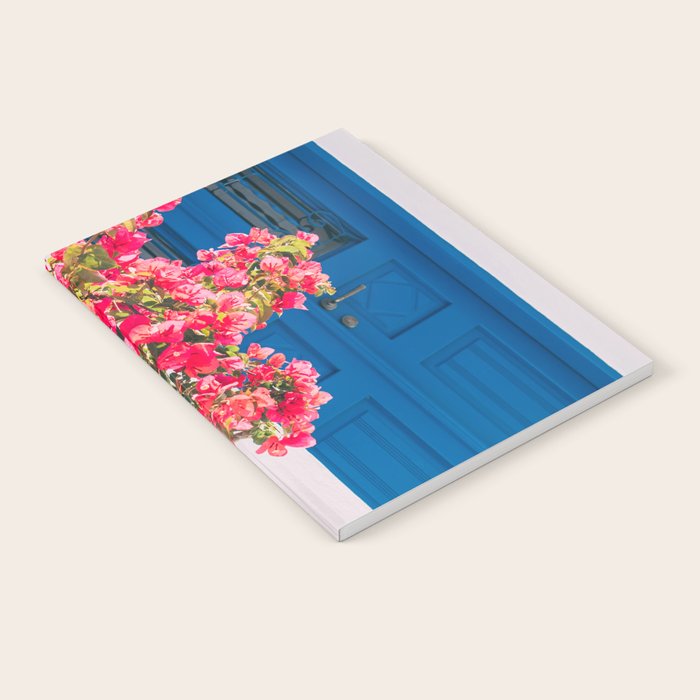 Blue Door in Santorini Greece - Pink Flowers by House - Fine Art Travel Photography Notebook Gallery Image 1