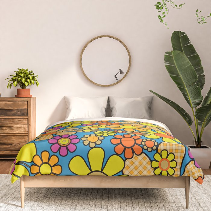Colorful Retro 60s 70s Flowers Maximalist Gingham Floral Pattern Comforter Gallery Image 3