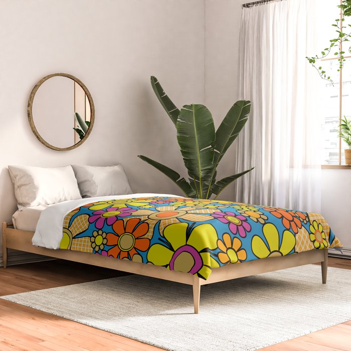 Colorful Retro 60s 70s Flowers Maximalist Gingham Floral Pattern Comforter Gallery Image 2