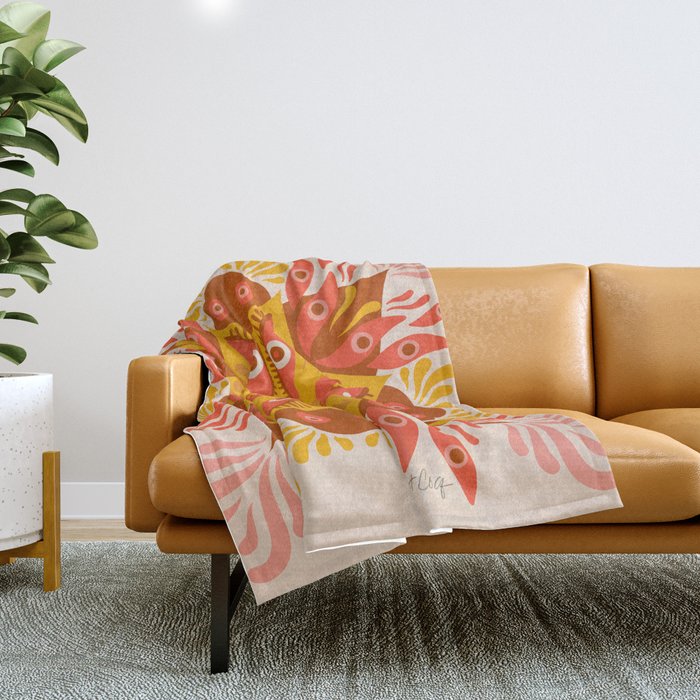 Trippy Mandala - Retro Ochre Throw Blanket Gallery Image 1