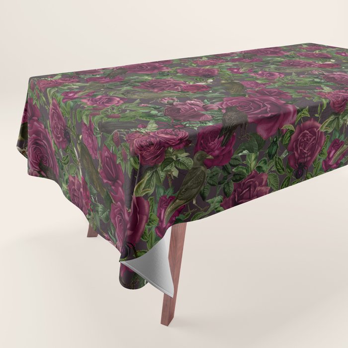 Burgundy Roses and Ravens Dark Gothic Pattern  Tablecloth Gallery Image 1