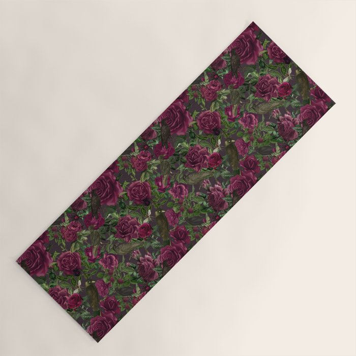 Burgundy Roses and Ravens Dark Gothic Pattern  Yoga Mat Gallery Image 1