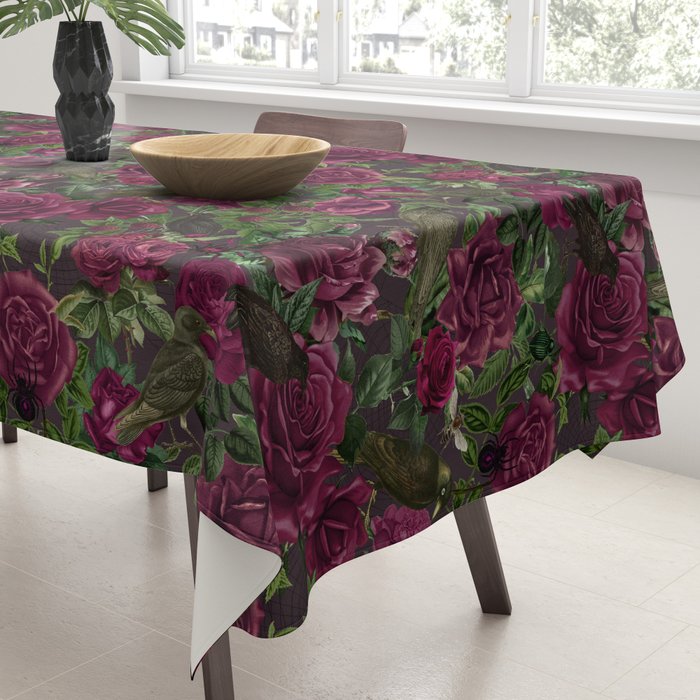 Burgundy Roses and Ravens Dark Gothic Pattern  Tablecloth Gallery Image 3