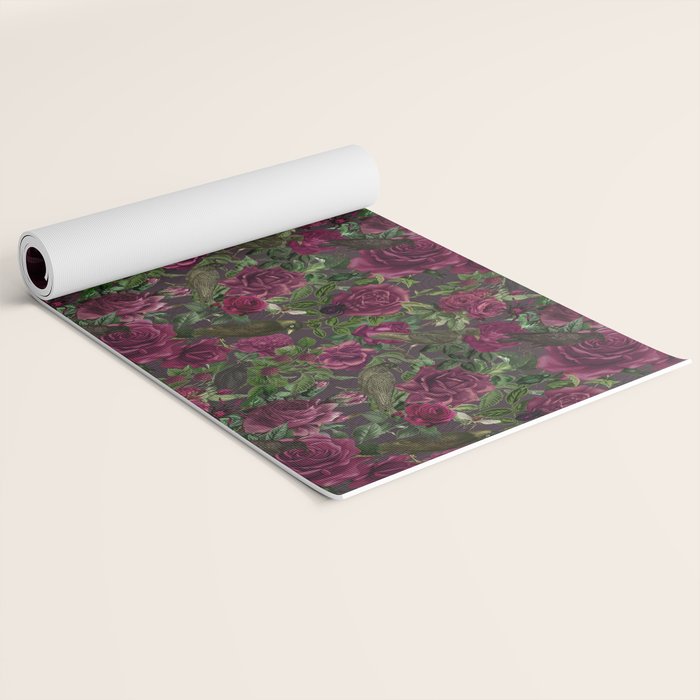 Burgundy Roses and Ravens Dark Gothic Pattern  Yoga Mat Gallery Image 2
